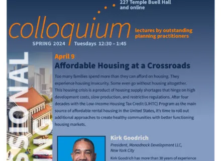 Blue poster with orange and white lettering describing speaker and talk