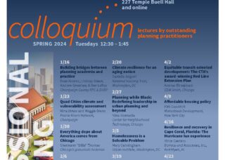 Blue, orange and white flier with colloquium schedule