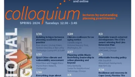 Blue, orange and white flier with colloquium schedule