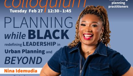 Blue, orange and white poster with photo of speaker and event details