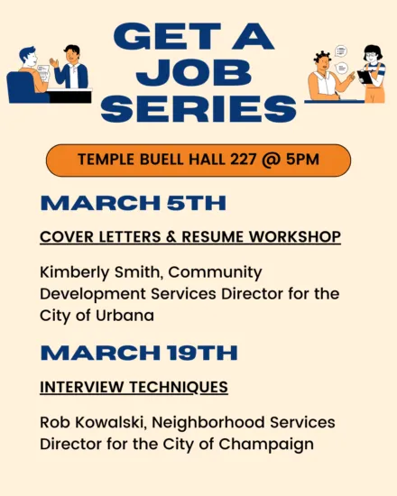 Cream colored poster with blue and black font describing the series sessions