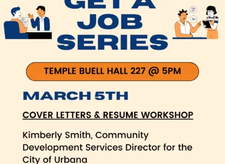 Cream colored poster with blue and black font describing the series sessions