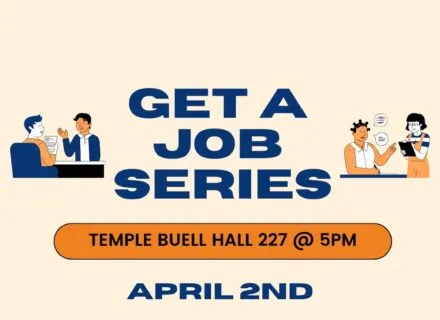 Cream colored poster with blue and black font describing the series sessions