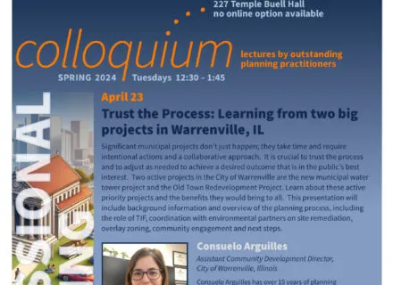 Blue poster with orange and white lettering describing speaker and talk