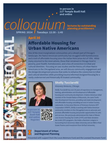 Blue poster with orange and white lettering describing speaker and talk