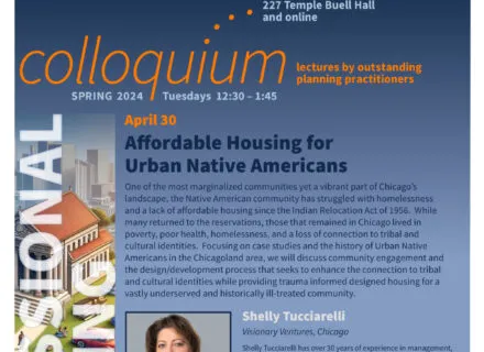 Blue poster with orange and white lettering describing speaker and talk