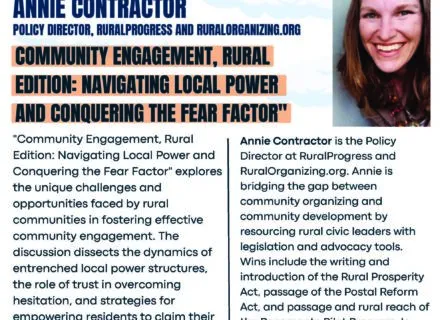 White flier with orange text and photo of speaker