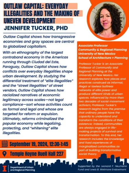 Blue and orange flyer detailing speaker information