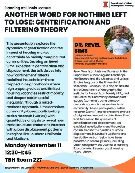 White, orange and blue flyer with lecture details