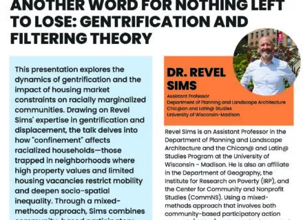 White, orange and blue flyer with lecture details