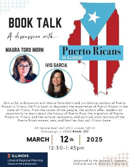 Flier regarding book talk with a red, white and blue image of the state of Illinois and photos of books authors.