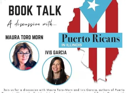 Flier regarding book talk with a red, white and blue image of the state of Illinois and photos of books authors.