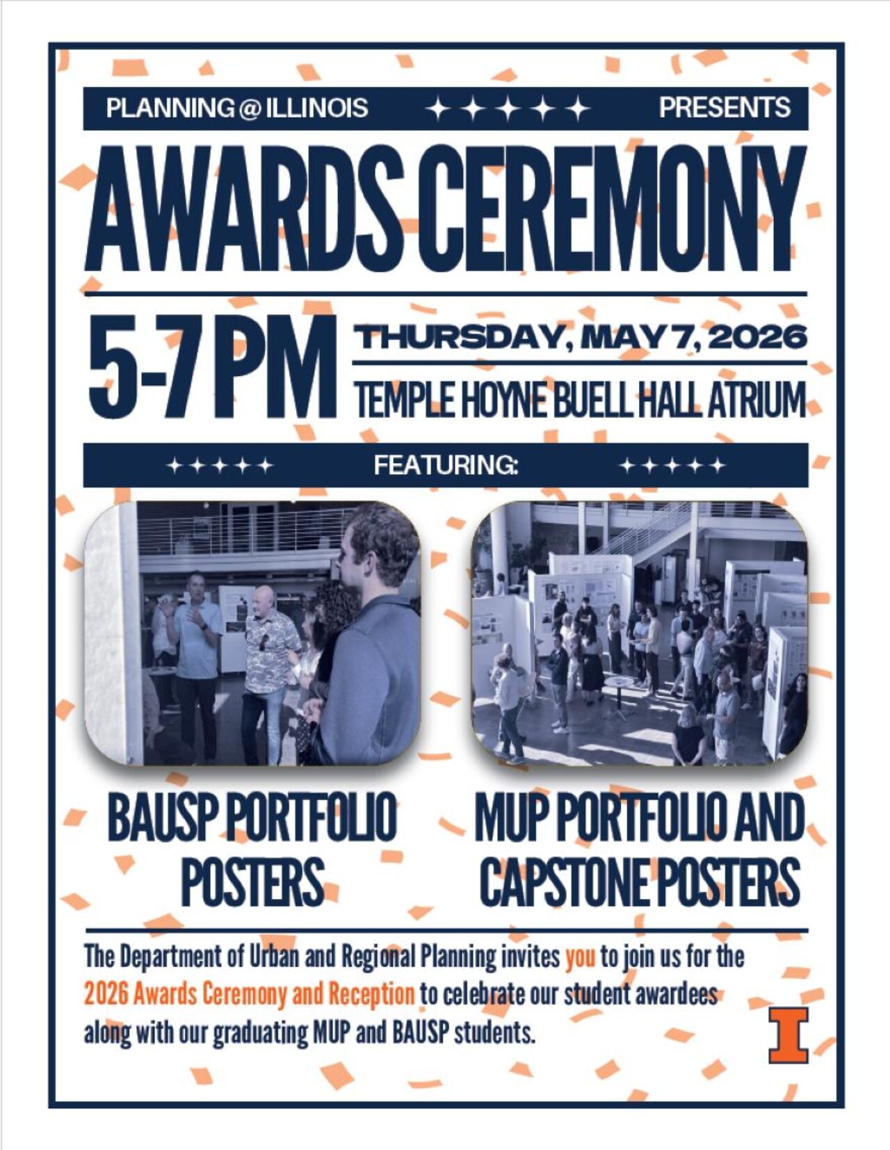 White flyer with blue lettering, photos and splashes of orange color throughout.