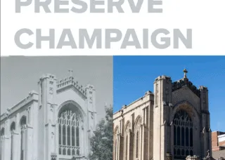Cover of Preserve Champaign plan with photo of church then and now