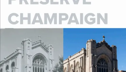 Cover of Preserve Champaign plan with photo of church then and now