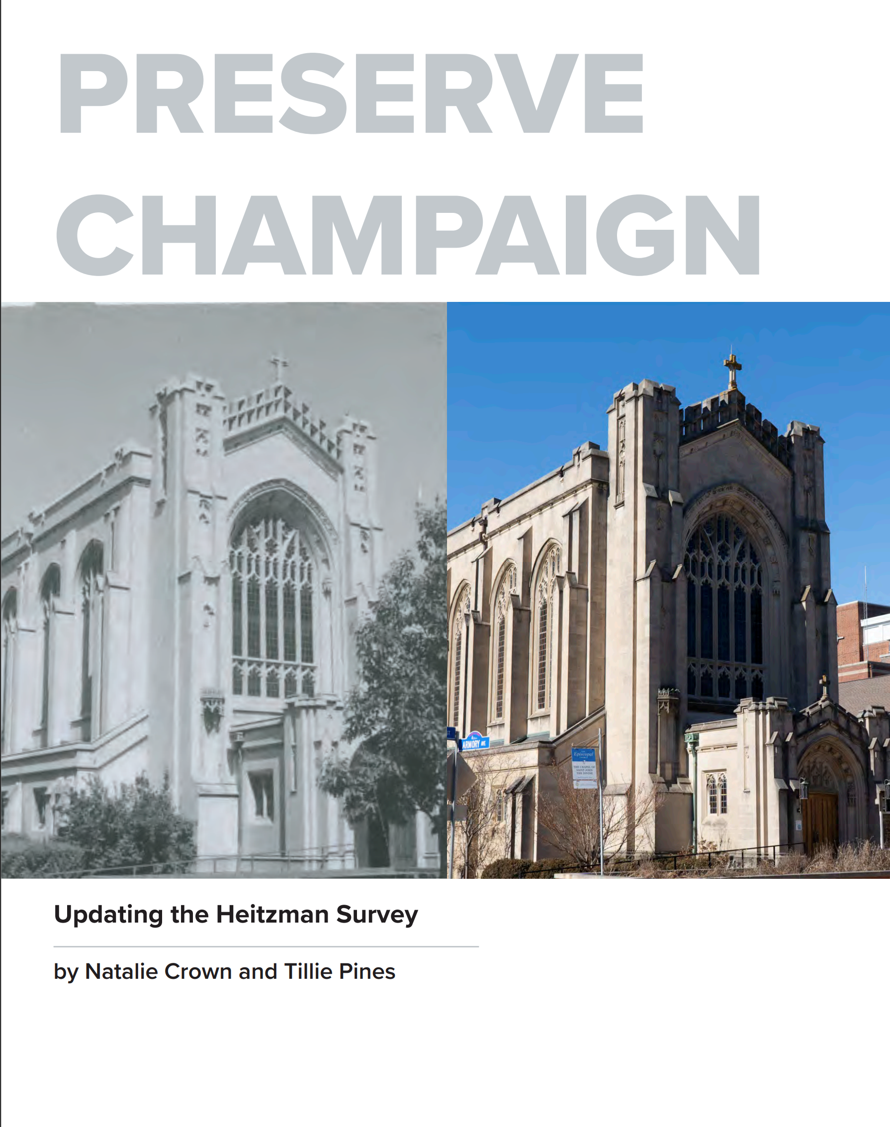 Cover of Preserve Champaign plan with photo of church then and now