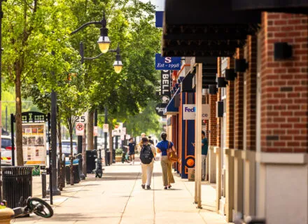 a streetview of a walkway with many businesses