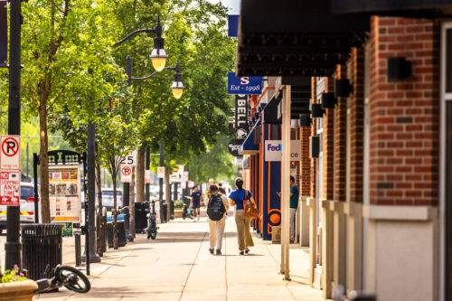 a streetview of a walkway with many businesses