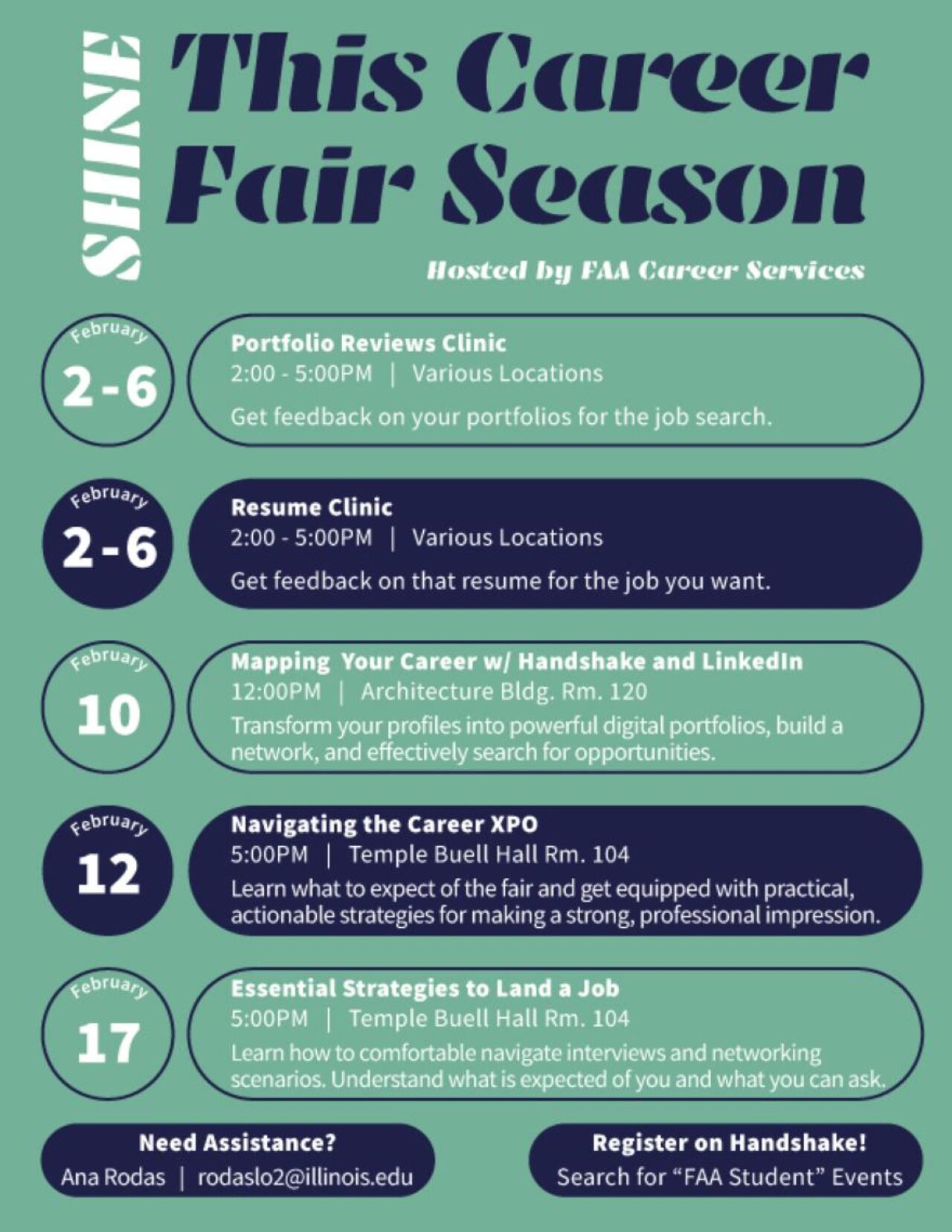 Green and blue flyer with white lettering describing this springs FAA Career Services events.