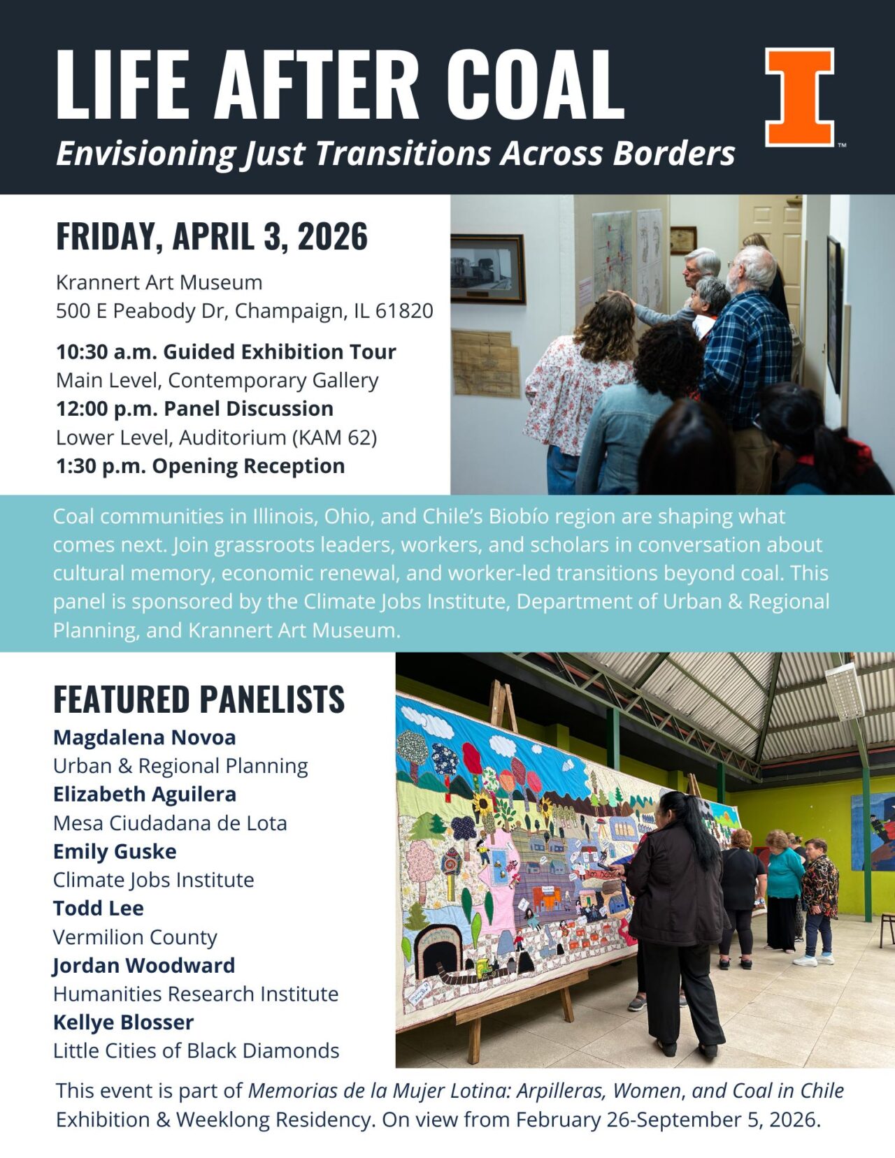 Blue, white and orange flier containing photos of people looking at artwork and a description of event 