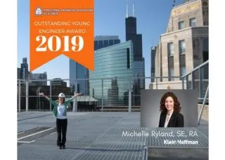 Michelle Ryland with building, head shot of Michelle Ryland, and award text