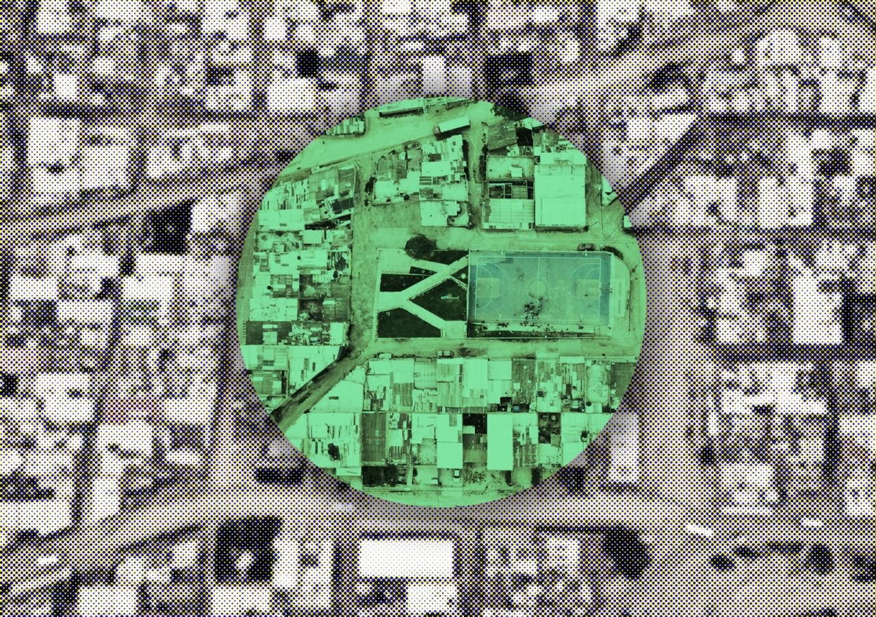 Aerial satellite image with green circle highlighting park site