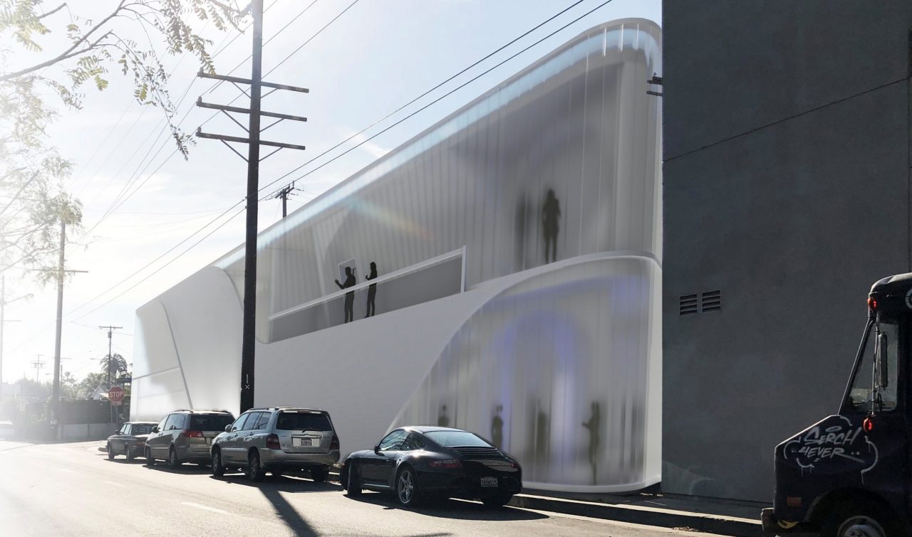 Rendering of glass building in Venice, CA, facing Electric Avenue 
