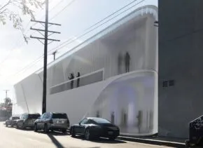 exterior rendering of two-story concrete and glass building 