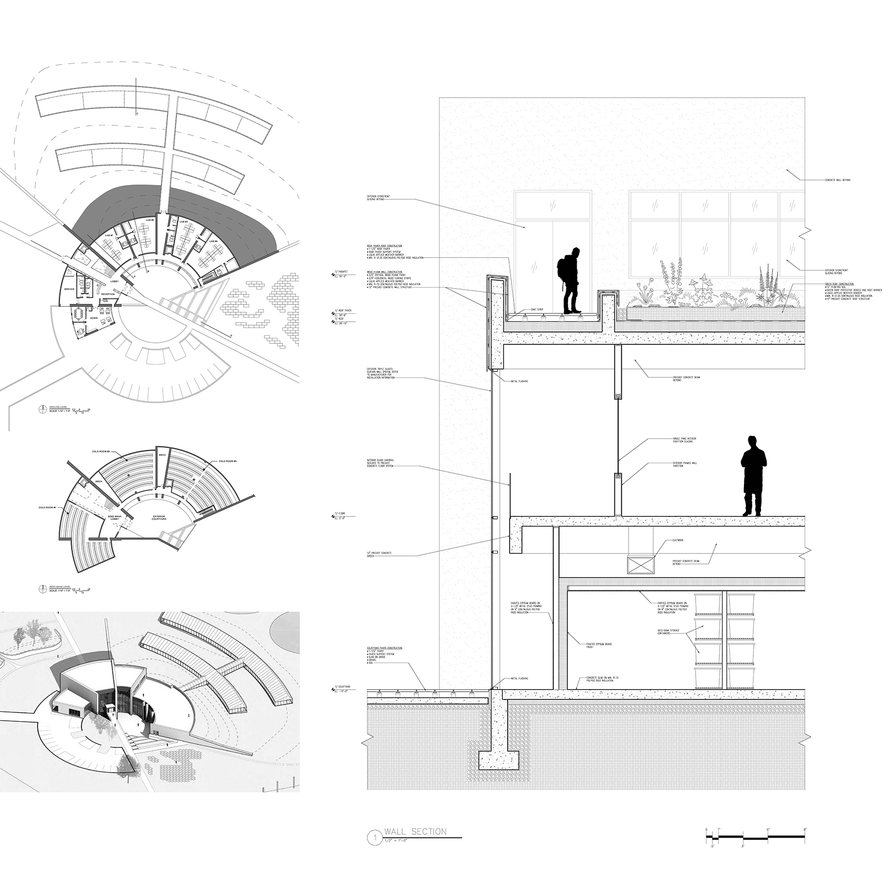 Building plan, axon, and section detail