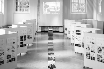 moveable boards arranged for final review in Temple Buell Architecture Gallery 