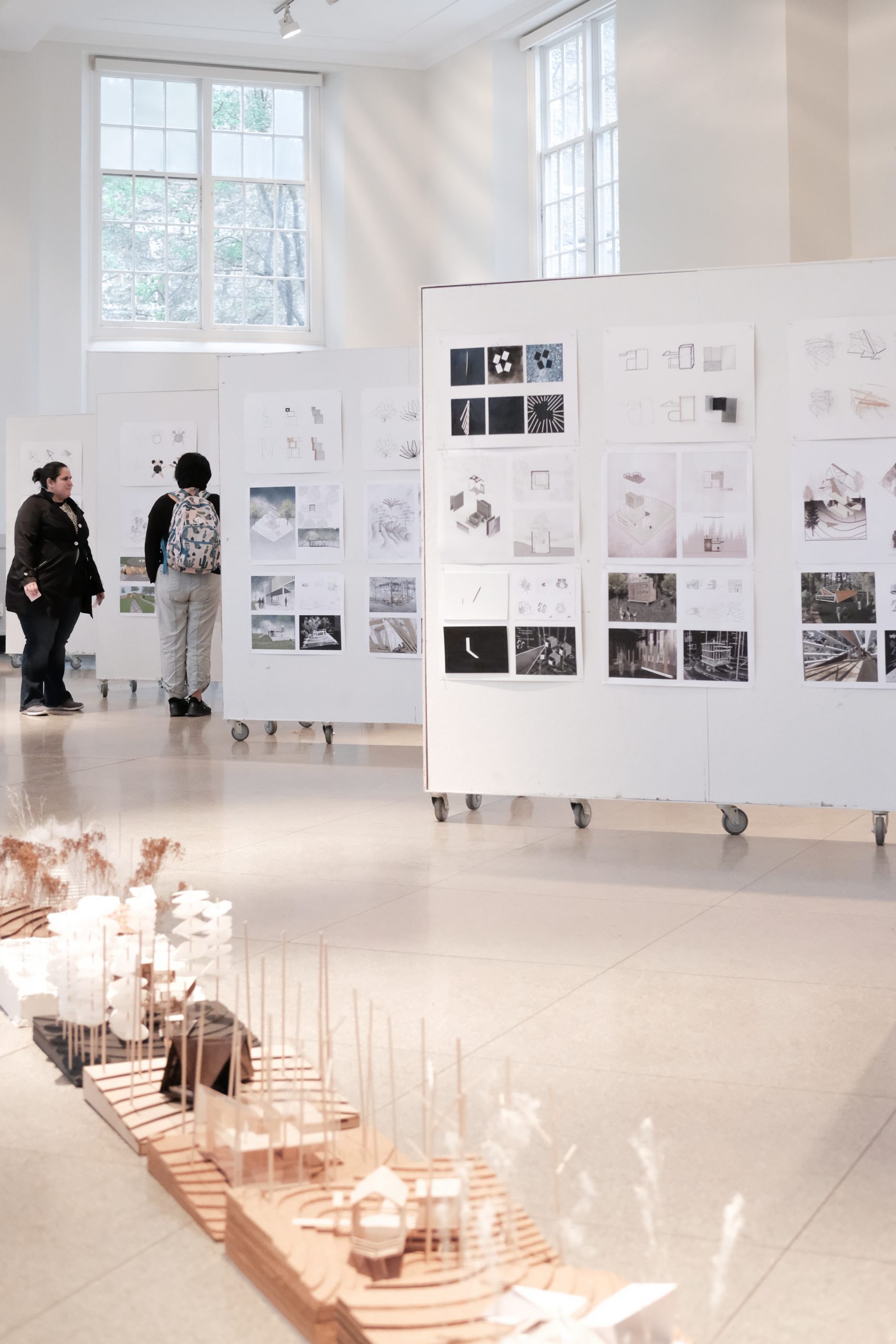 view of final presentation boards and models in Temple Buell Architecture Gallery