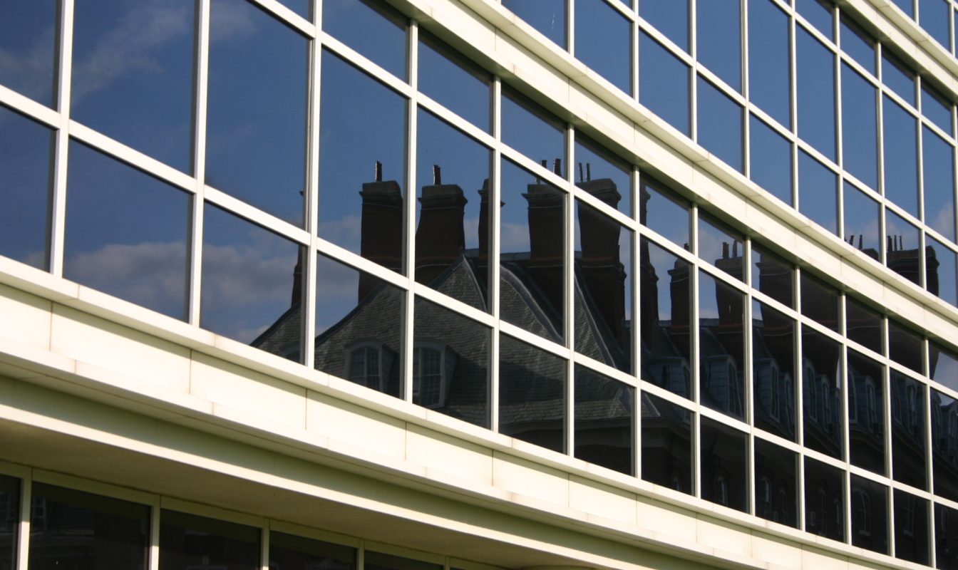 Closeup of temple buell hall glass facade