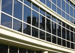 glass facade of Temple Buell Hall