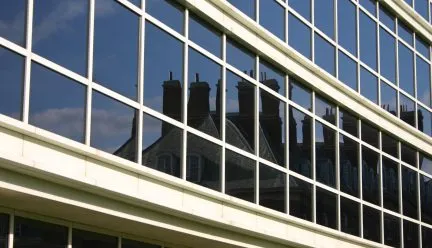 glass facade of Temple Buell Hall