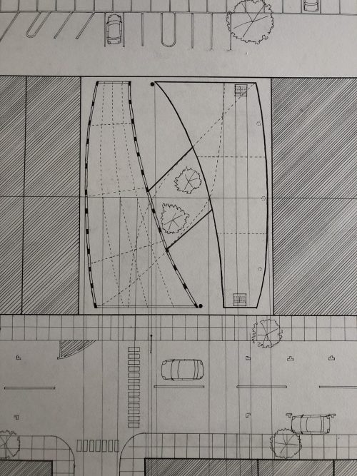 Plan drawing of design with split curved roof 