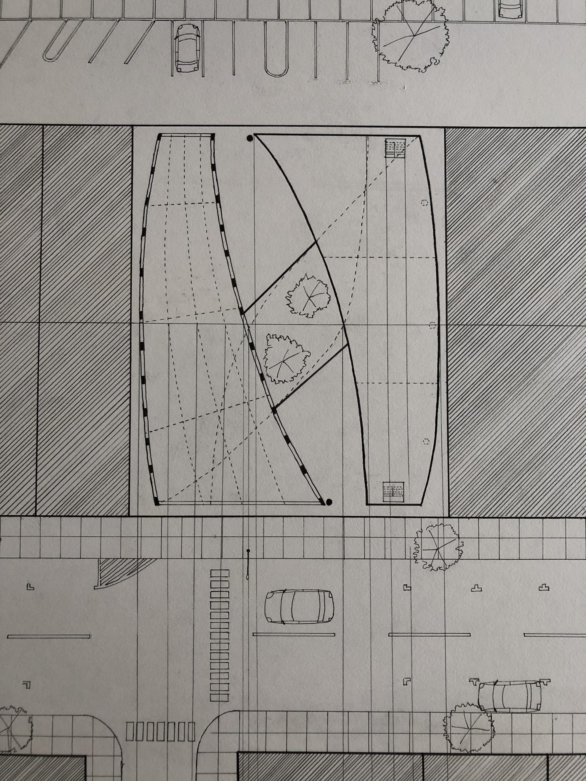 Plan drawing of design with split curved roof