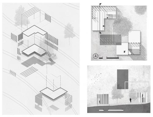 axonometric, plan, and section drawings in black and white 