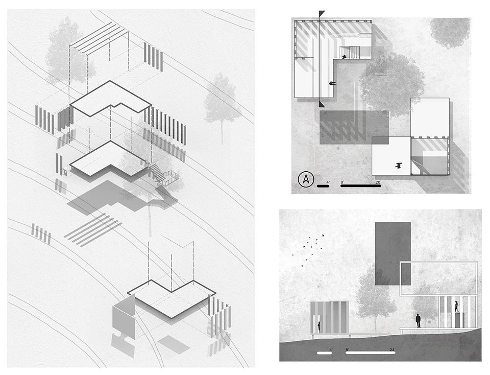 axonometric, plan, and section drawings in black and white