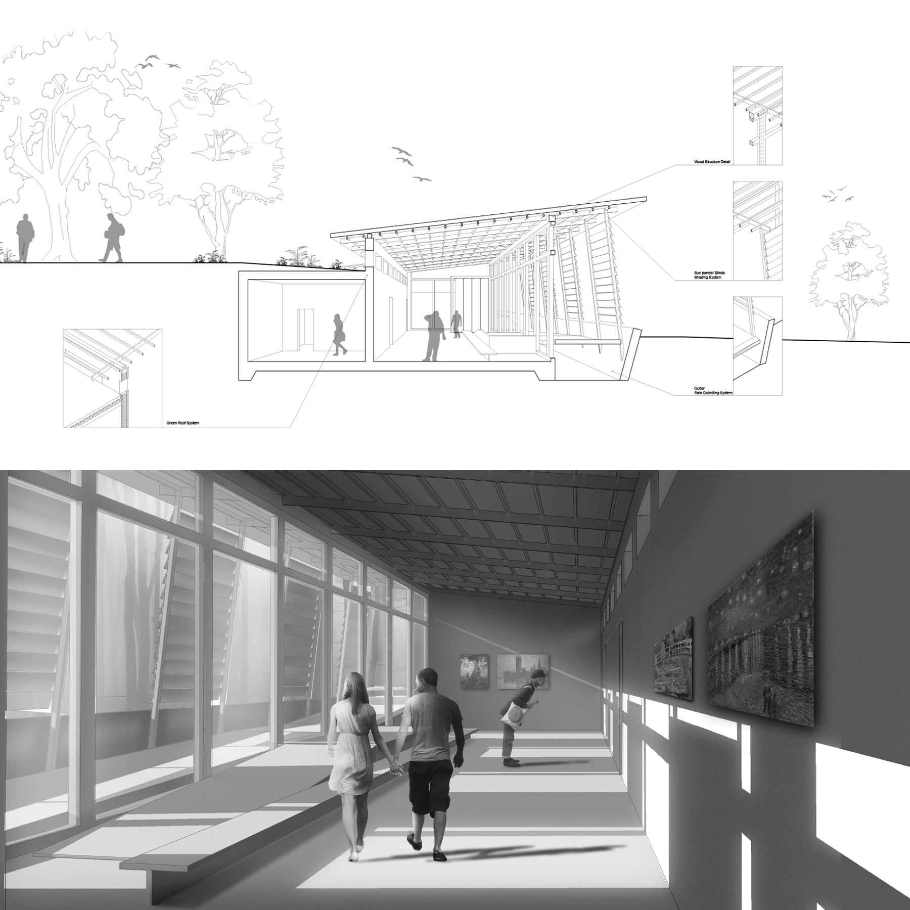 Section perspective and interior rendering