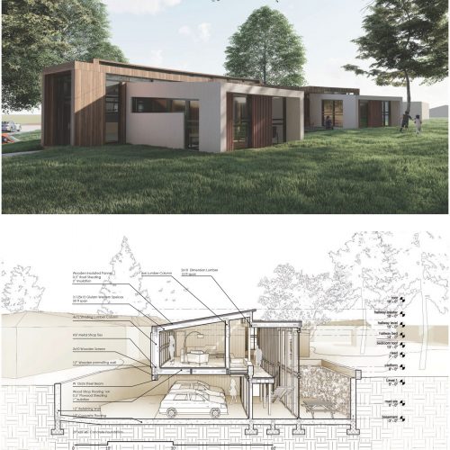 Rendering and section perspective of residential design proposal 
