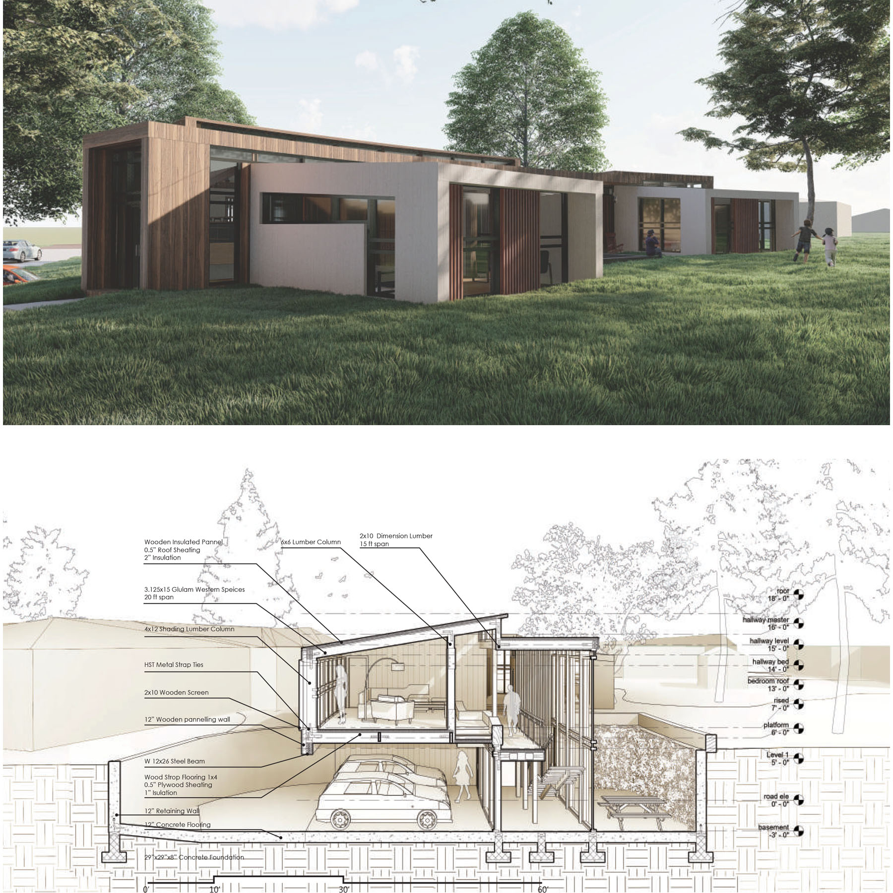 Rendering and section perspective of residential design proposal