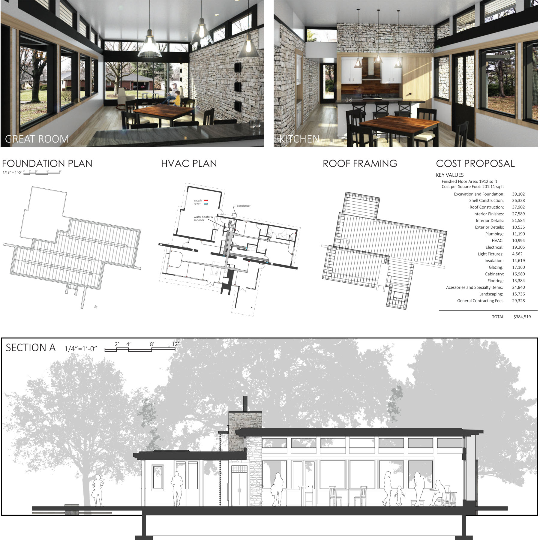 Interior renderings with stone walls, plans, and cross section of house