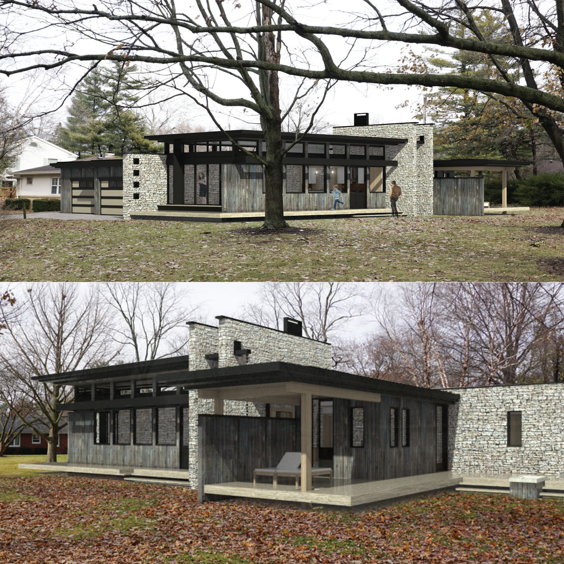 Exterior renderings of house made of stone and glass