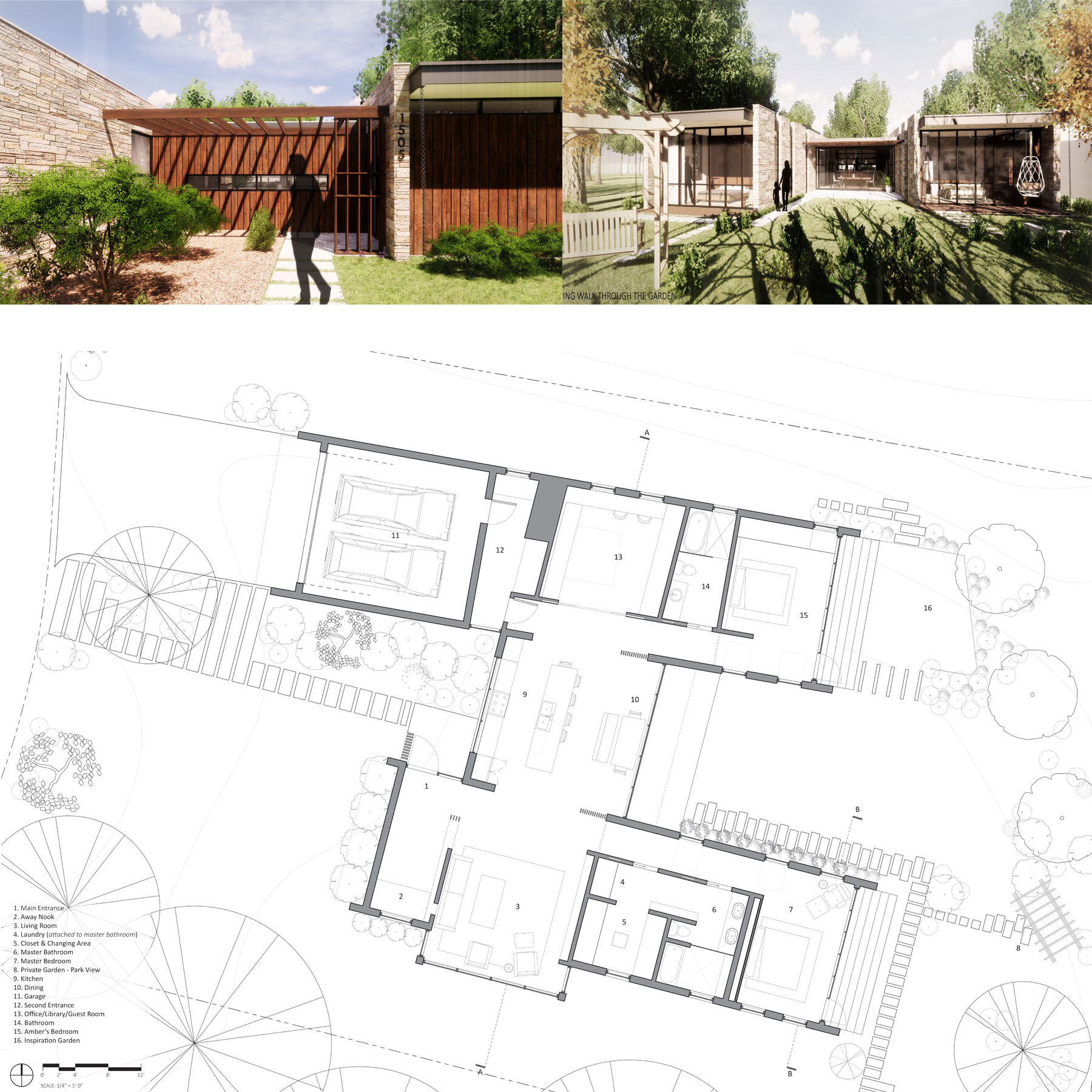 Exterior rendering and floor plan of house