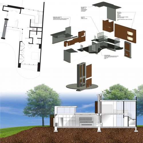 Plan, exploded axon, and section of house design 