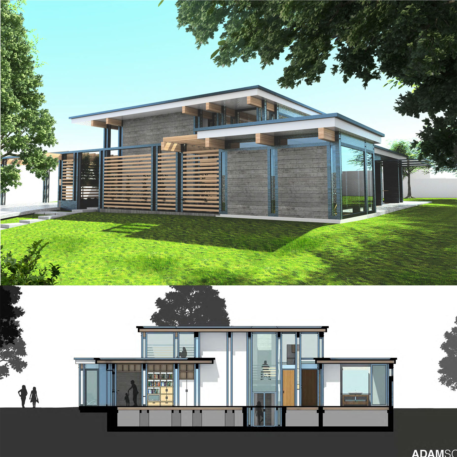 Rendering and section of house design