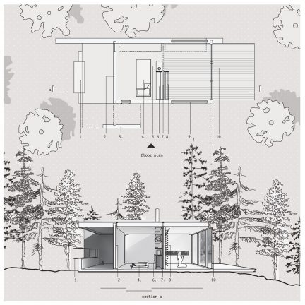 building plan and section perspective 