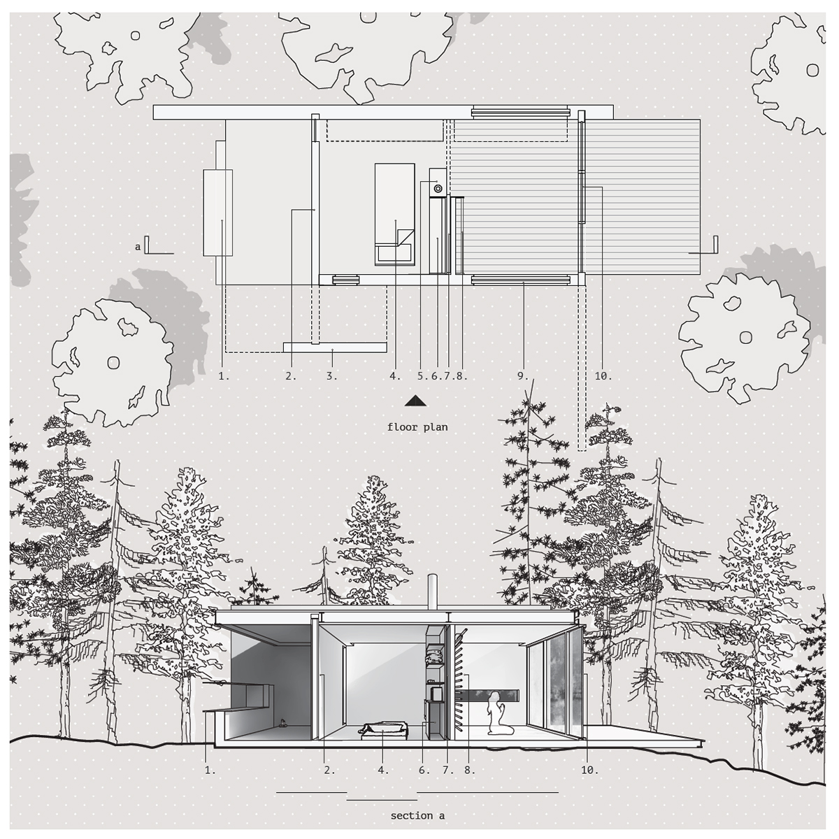 building plan and section perspective