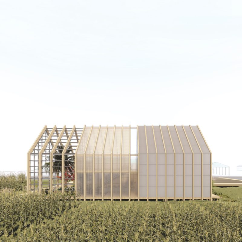 Outside rendering of barn shaped house with farm plots in front 