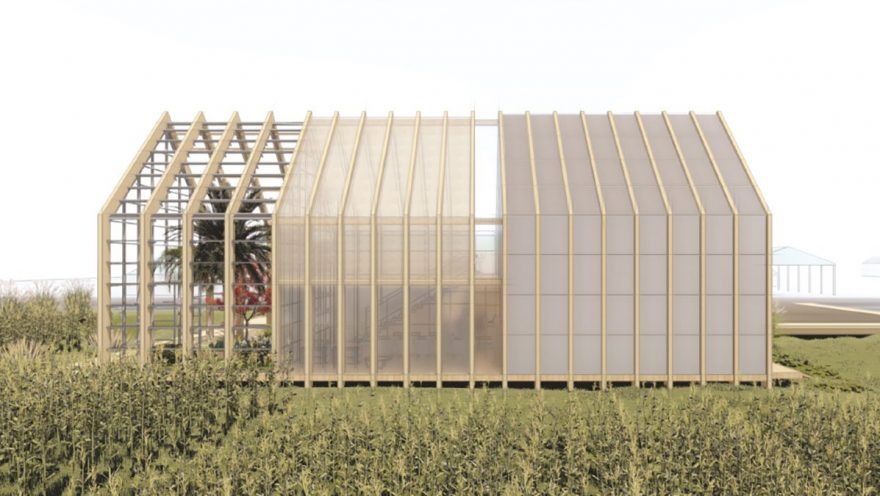 Outside rendering of barn shaped house with farm plots in front